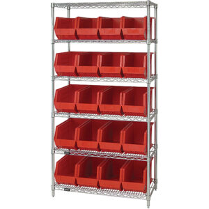 Plastic Bins - 36 x 18 x 74" - 6 Shelf Wire Shelving Unit with (20) Red Bins
